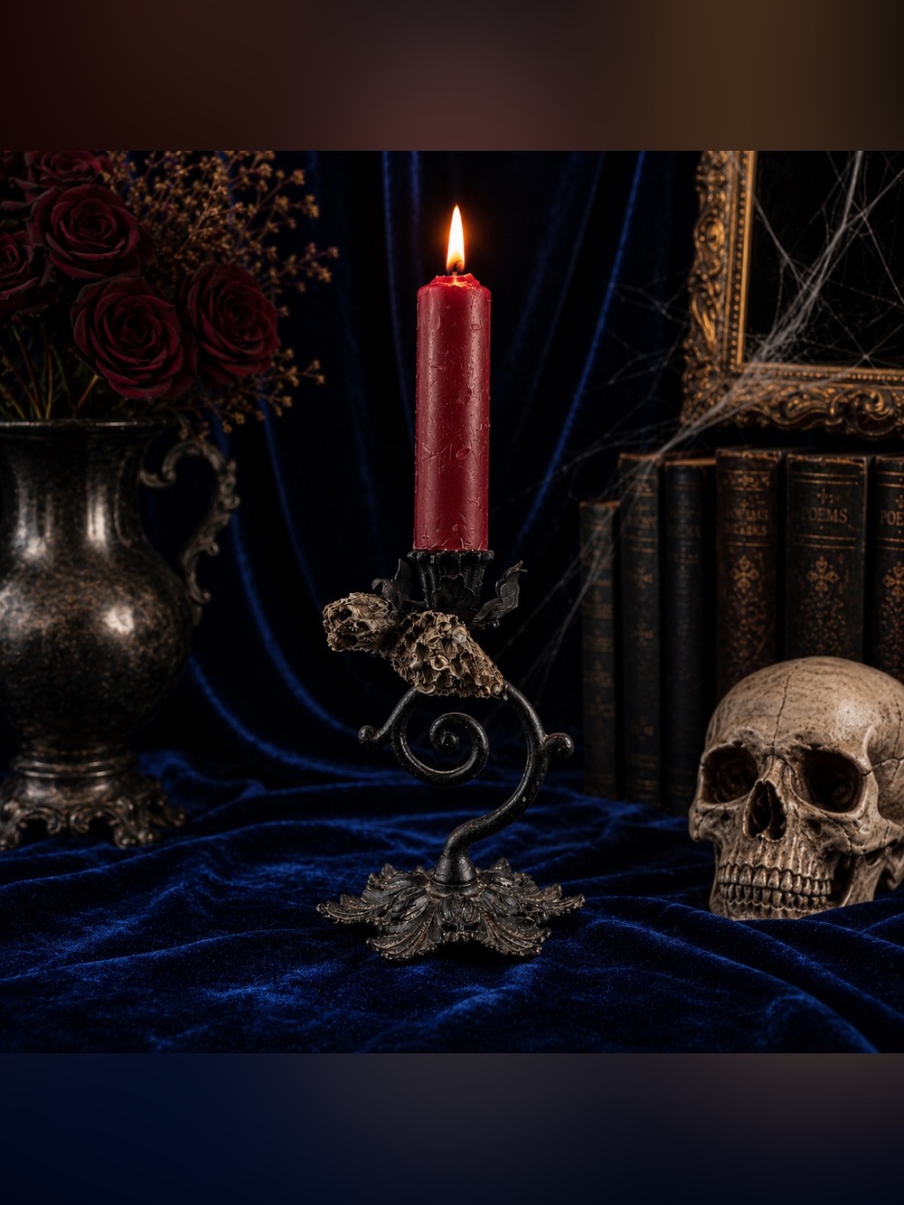 Cast Iron Candle Holder With Red Candle Stick Halloween Prop.